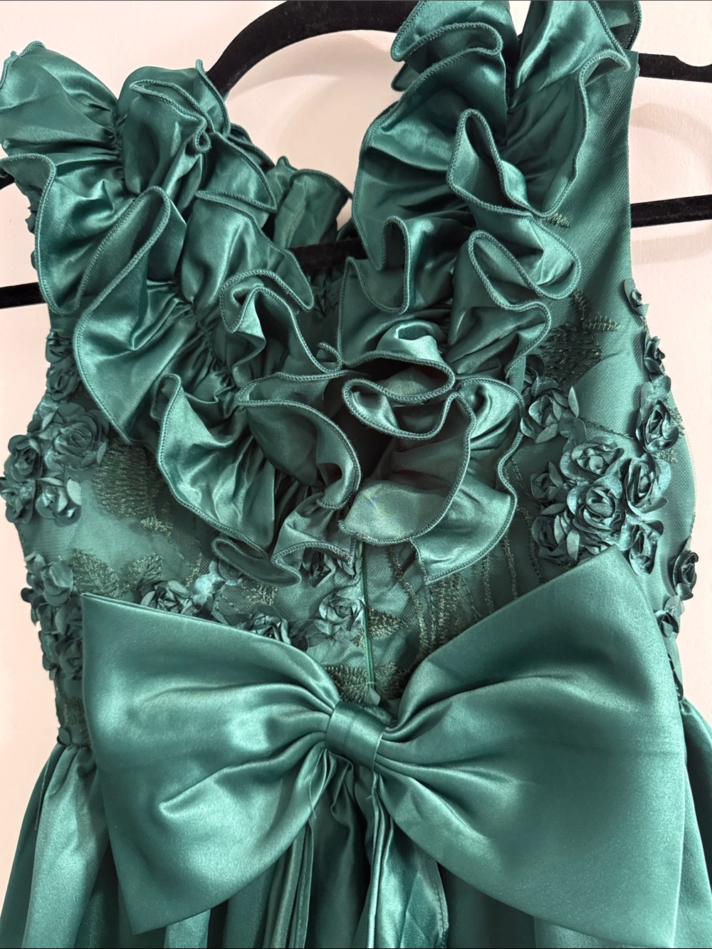 Bonnie Jean Emerald Green Ruffle Floral Satin Dress - Picture 8 of 13